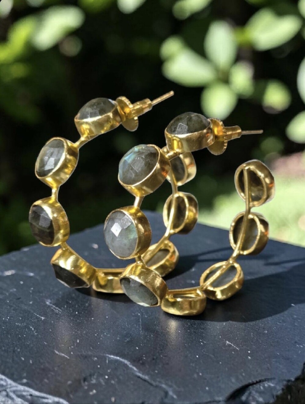 18k Gold Plated Artisan Genuine Labradorite Stone Crystal Chunky Hoop Earrings